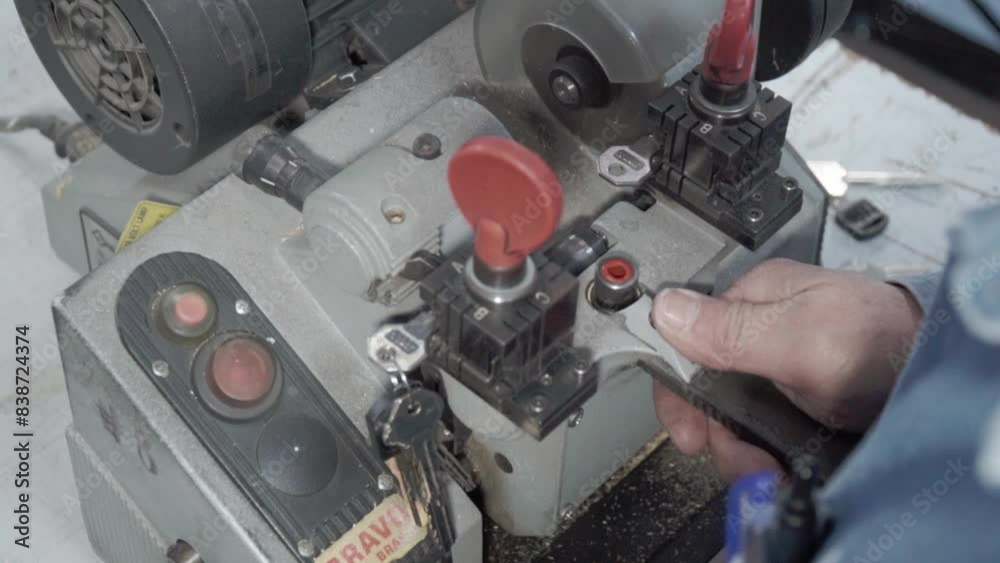 Key duplication process in a specialized home security service. Mexico. Close-up of man using machinery. Key duplication process in a specialized home security service. Mexico. Close-up of man using machinery.