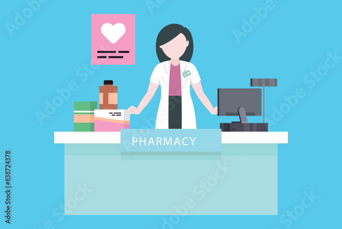 Female doctor is standing in pharmacy.