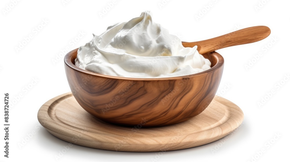 Sour cream in wooden bowl on white background Sour cream in wooden bowl on white background