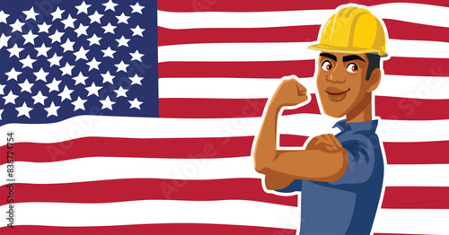 Male Worker Celebrating Labor Day Vector Illustration. Employee with hardhat flexing arms celebrating national holiday 
