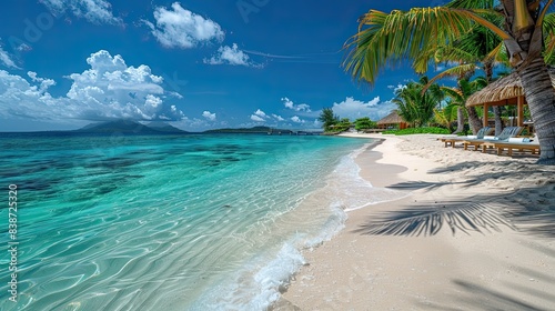 Scenic view of tropical palm trees lining a beautiful sandy beach with clear blue ocean and vibrant skies..