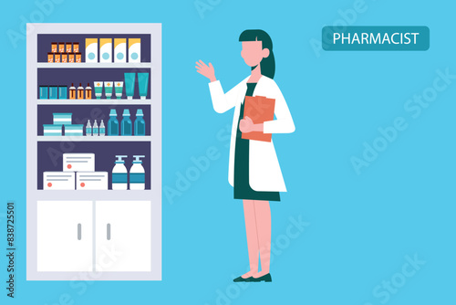 The pharmacist is pointing to medicines in the cabinet.