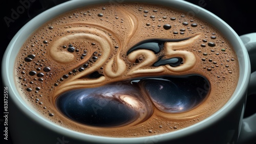 A hyper-realistic photograph of a coffee mug where freshly brewed coffee bubbles artfully form the year 