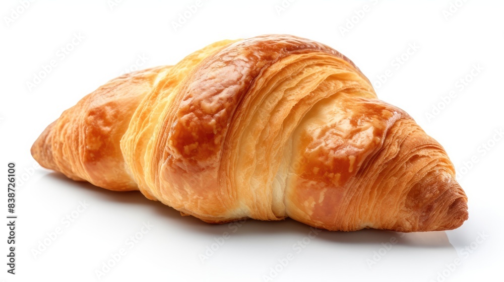 A croissant, delicious pastry of French cuisine baked in the oven, is depicted on a white background A croissant, delicious pastry of French cuisine baked in the oven, is depicted on a white background