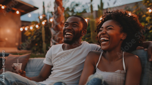 Happy black couple enjoying in movie night with friends in backyard