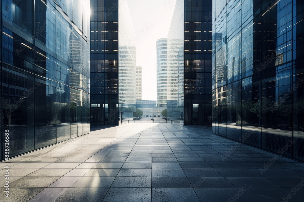 Glass and steel: a modern plaza with sleek buildings Glass and steel: a modern plaza with sleek buildings