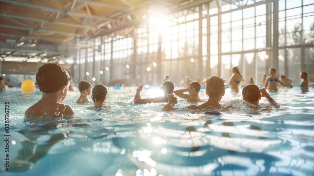 A group of happy kids learning to swim in an indoor summer pool. Children in the group enjoy their swimming pool class, experiencing the joy of swimming during their summer vacation.