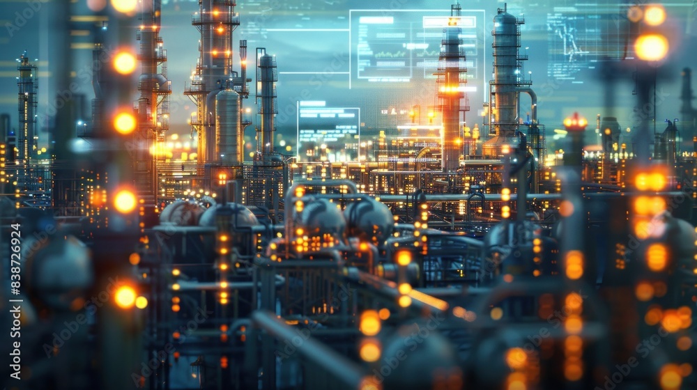 An oil and gas power plant refinery, complete with storage tank facilities for oil production or petrochemical factory infrastructure, representing demand price chart concepts. An oil and gas power plant refinery, complete with storage tank facilities for oil production or petrochemical factory infrastructure, representing demand price chart concepts.