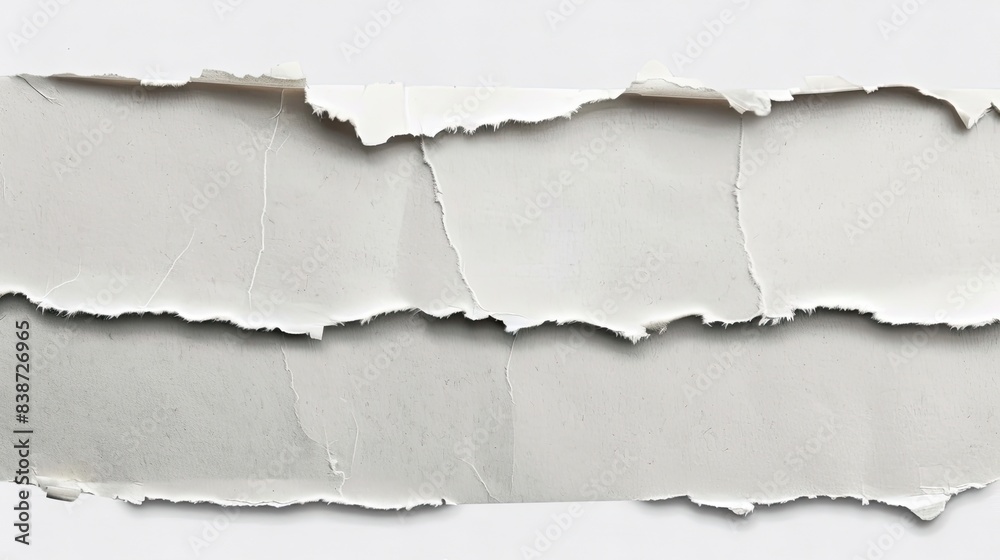 Close-up of torn white paper strips arranged horizontally on a gray background, creating a textured and layered effect..