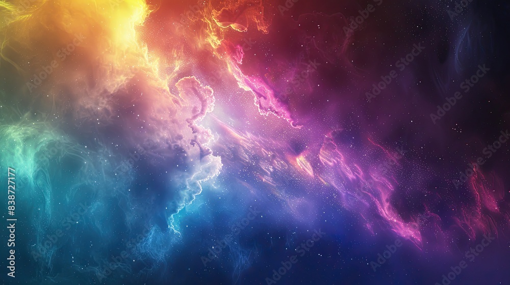 Naklejka premium Dynamic and colorful abstract art depicting a vibrant rainbow nebula, blending shades of blue, green, yellow, and red..