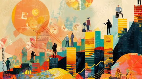 A vibrant collage illustrating dividends with happy investors, dividend payouts, and financial growth