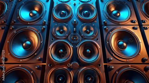 Generic design of loudspeakers for music and surround sound home theater systems, featuring party and concert audio stereo control with data design elements and ample copy space in the banner design.