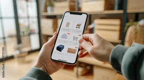 Online shopping list with free shipping available via a mobile app marketplace, offering home delivery and featuring a user interface menu mockup screen for credit card payment.