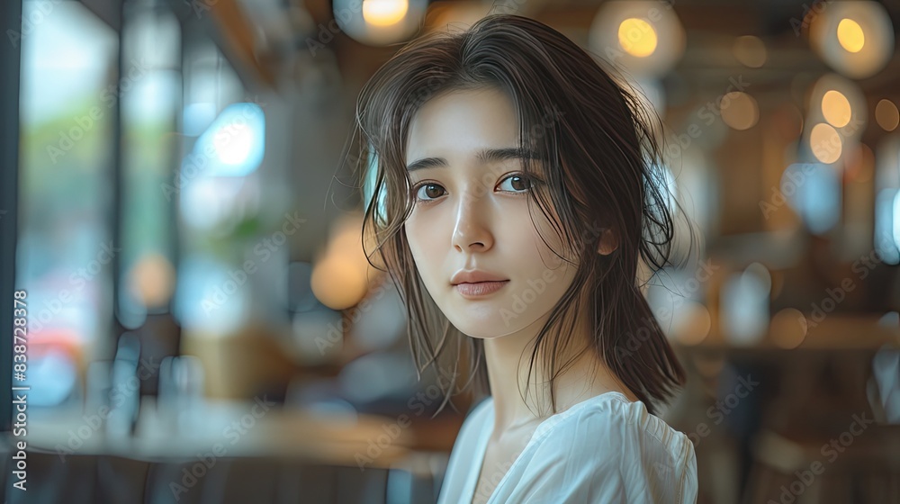 A young woman with a serene expression sits in a cozy, warmly lit cafe, creating a calm and inviting atmosphere.. A young woman with a serene expression sits in a cozy, warmly lit cafe, creating a calm and inviting atmosphere..