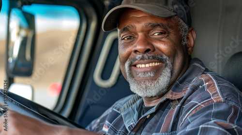 Happy professional truck driver driving his truck while looking at camera