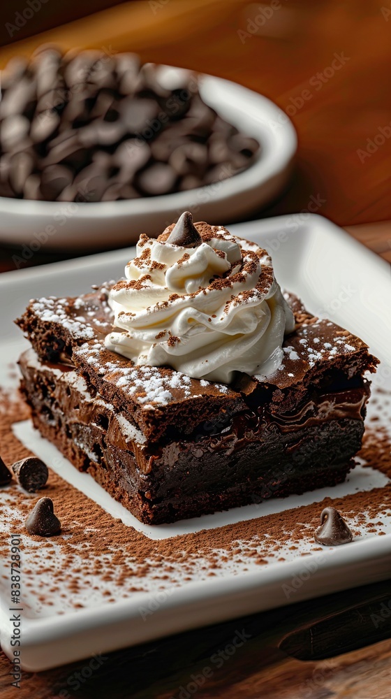Assorted chocolate desserts topped with whipped cream and garnished with fruits and chocolate chips on elegant plates.. Assorted chocolate desserts topped with whipped cream and garnished with fruits and chocolate chips on elegant plates..