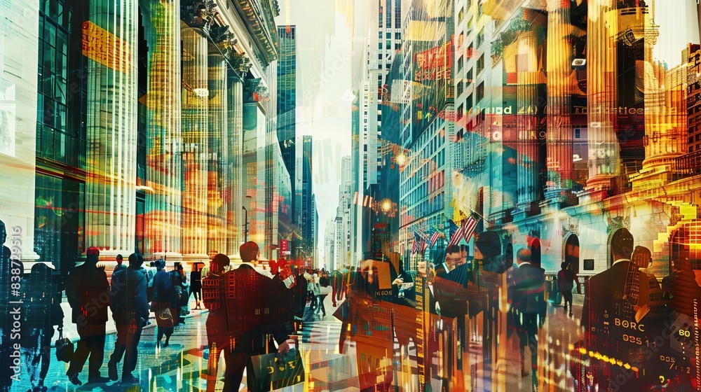 Obraz premium Energetic collage of an IPO event with images of investor enthusiasm, stock market listings, and financial milestones