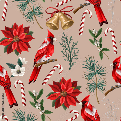 Seamless pattern with Christmas elements such as fir, red birds, poinsettia . Vector.