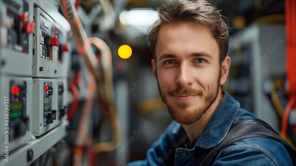 A man in a power plant smiling. A man in a power plant smiling.