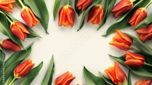 A close-up photo of orange tulips arranged in a border on a white background  copy space