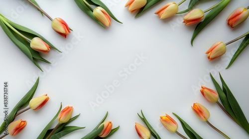 A flat lay image of yellow and orange tulips arranged around the edge of a white background, copy space