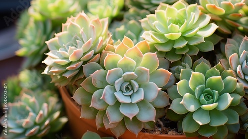 A close-up image showcasing a cluster of green succulents in a terracotta pot © keystoker