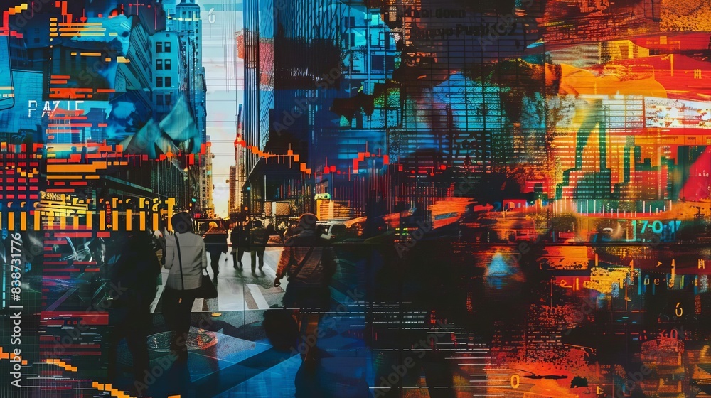 Obraz premium Vibrant volatility collage featuring rapid price changes, nervous investors, and market swings