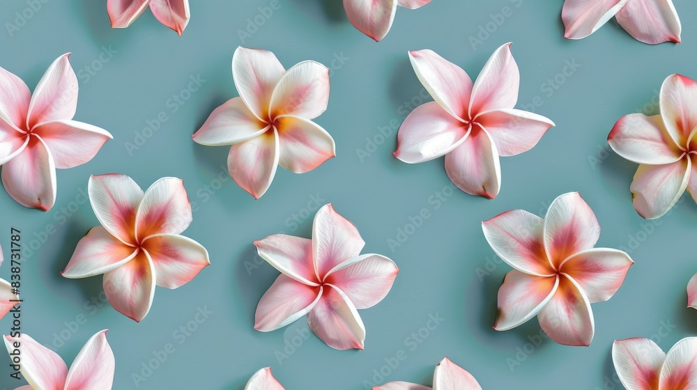 A flat lay image featuring pink plumeria flowers arranged in a symmetrical pattern on a light blue background A flat lay image featuring pink plumeria flowers arranged in a symmetrical pattern on a light blue background