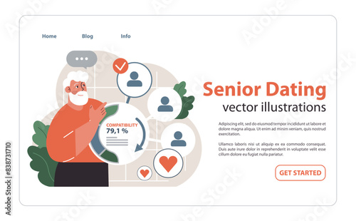 Senior man navigates online dating. Flat vector illustration