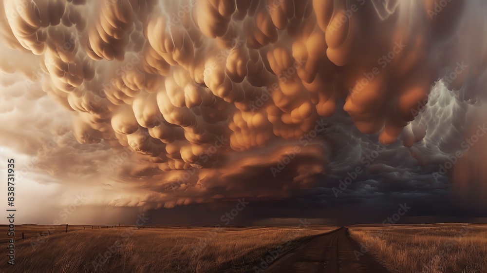Powerful and dramatic storm clouds forming over a rural landscape, with ...