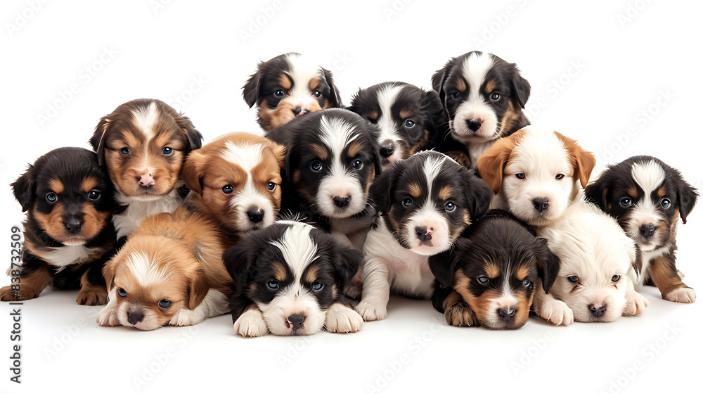 A large group of adorable puppies on white A large group of adorable puppies on white