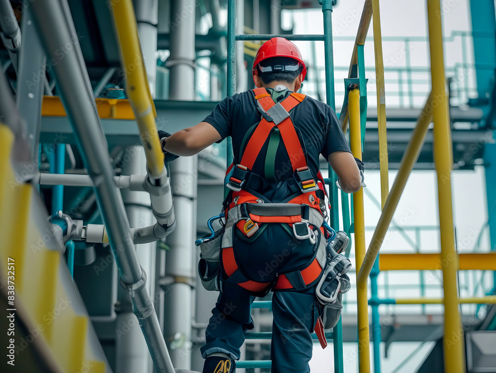 A man in safety gear walking up stairs. A man in safety gear walking up stairs.