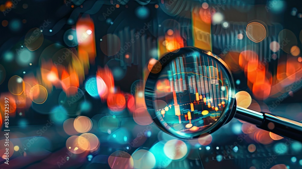 A magnifying glass highlighting financial data on a colorful, abstract background, representing the focus on market analysis and investment strategies.. A magnifying glass highlighting financial data on a colorful, abstract background, representing the focus on market analysis and investment strategies..