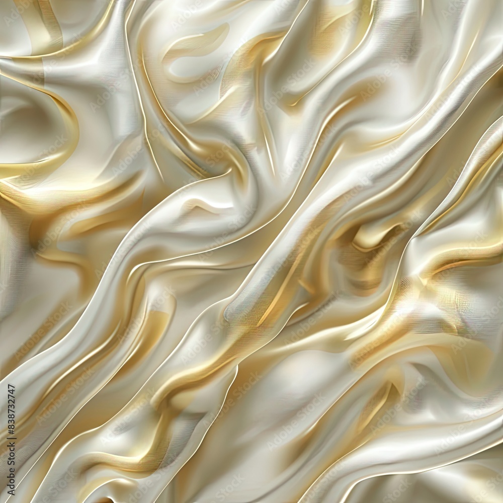 Fototapeta premium Close-up of luxurious golden silk fabric with flowing, wavy patterns, creating an elegant and opulent texture..