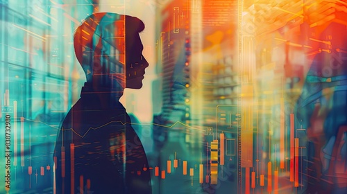 Silhouette of a person overlayed with financial graphs and abstract colors, symbolizing data analysis and futuristic finance..