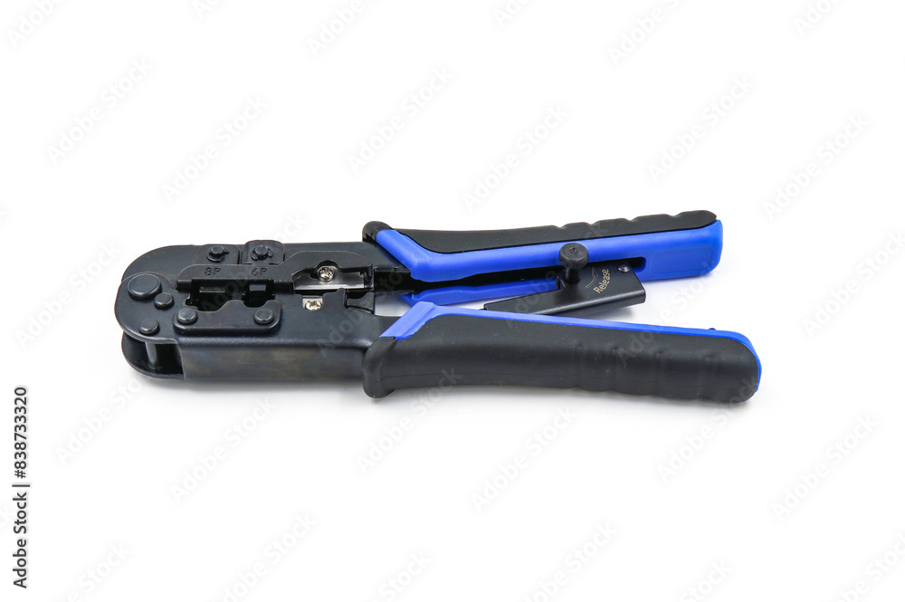 Modular plug crimper for RJ-45, white background, Crimper, Twisting Cable Tool for Crimping RJ 45 LAN cable Modular plug crimper for RJ-45, white background, Crimper, Twisting Cable Tool for Crimping RJ 45 LAN cable