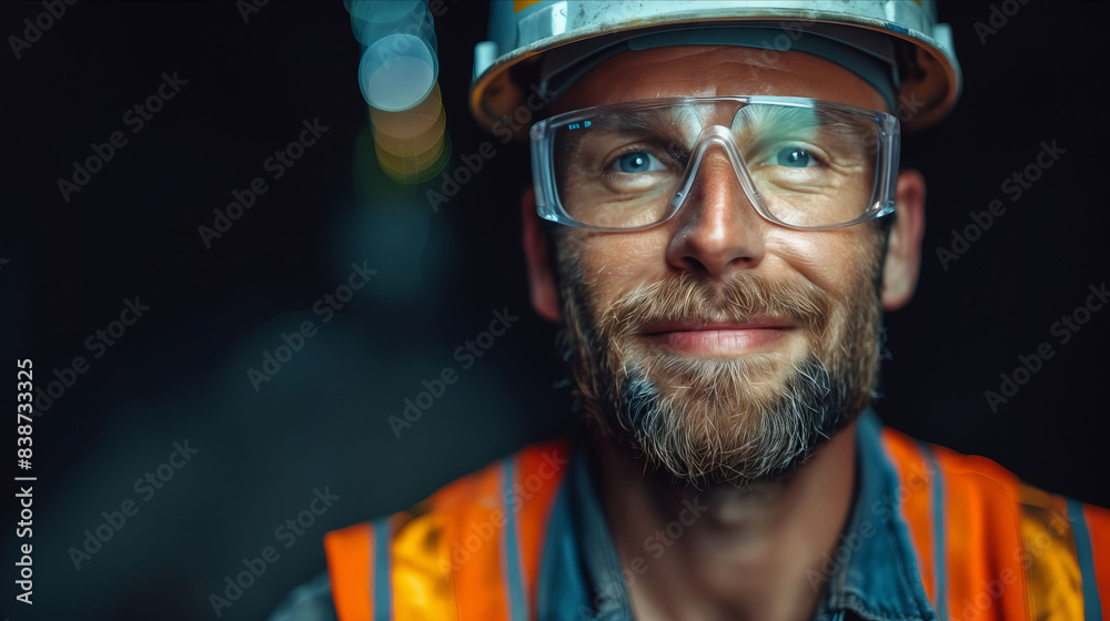 Fototapeta premium A man in a hard hat and glasses smiling.