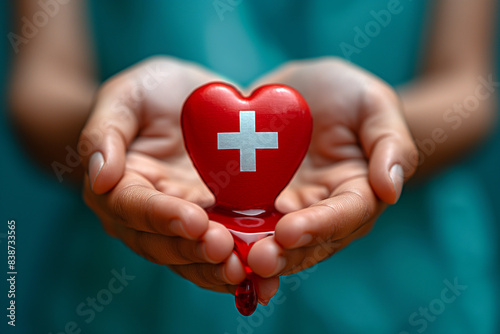 
“Hand Holding Blood Drop with Red Cross Symbol”. World blood donor day, red cross to give blood.world hemophilia day concept
 photo