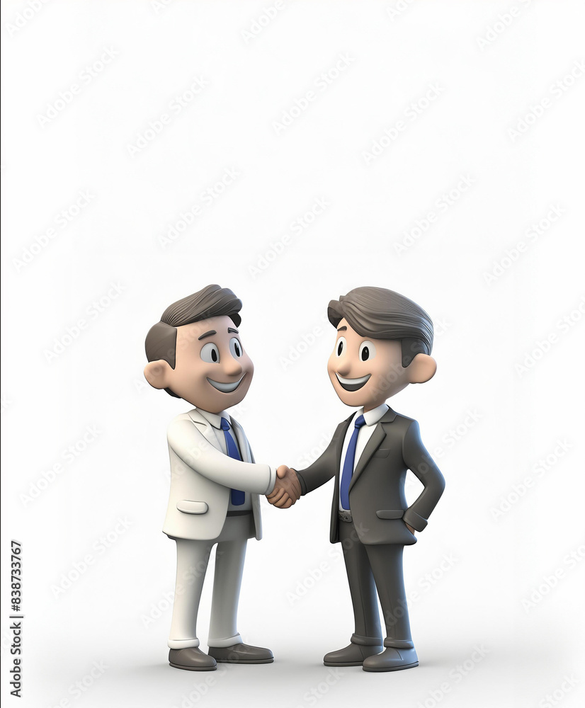 Caricatura tipo 3D de dos hombres con traje estrechando sus manos sobre fondo blanco. IA generativa Caricatura tipo 3D de dos hombres con traje estrechando sus manos sobre fondo blanco. IA generativa