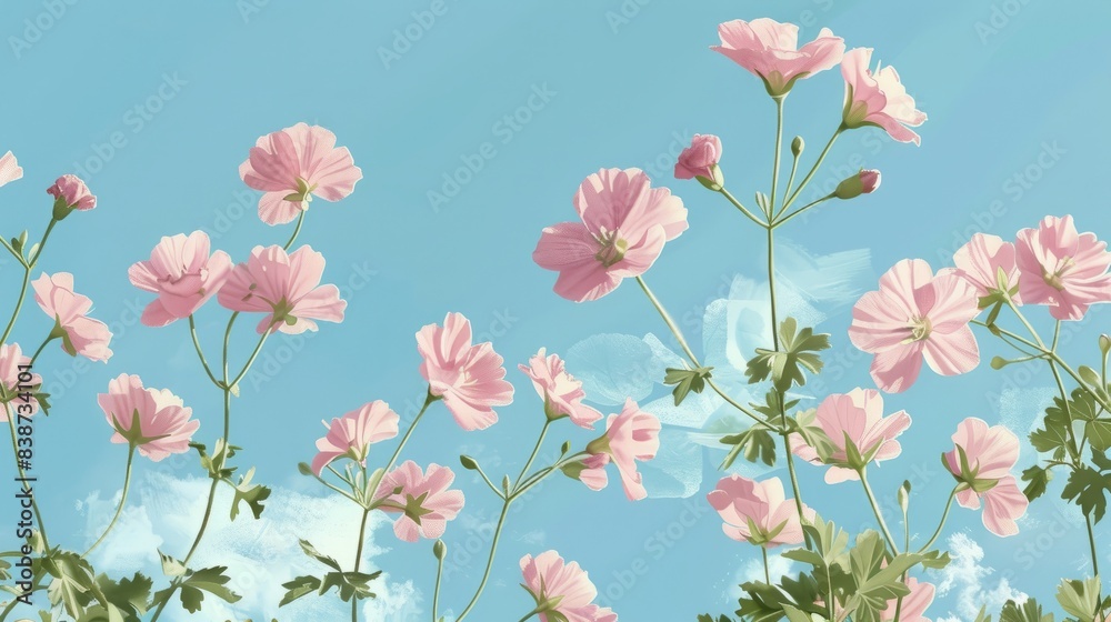 illustration of pink geranium flowers blooming against a bright blue sky illustration of pink geranium flowers blooming against a bright blue sky