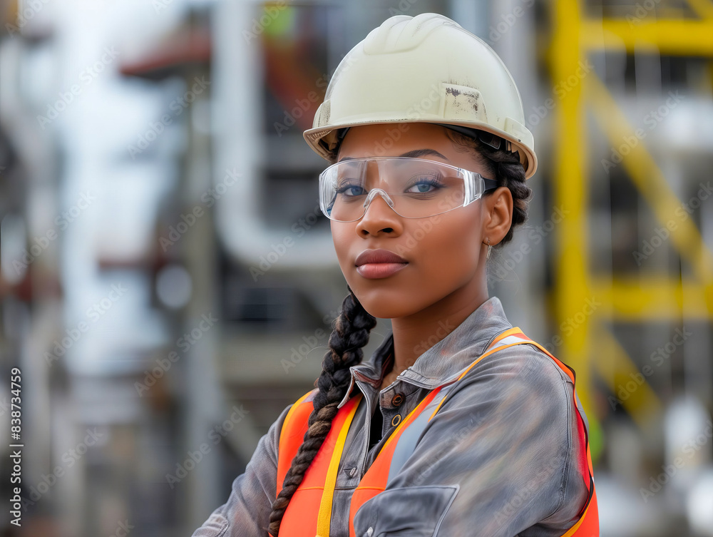 A woman in a hard hat and safety glasses. A woman in a hard hat and safety glasses.