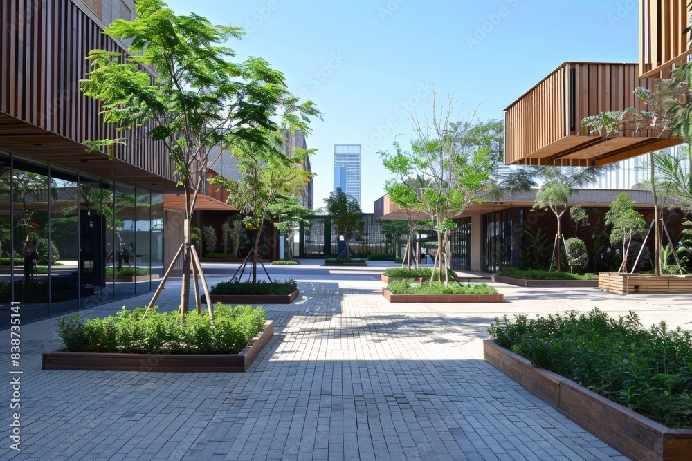 Open plaza with minimalist contemporary buildings Open plaza with minimalist contemporary buildings
