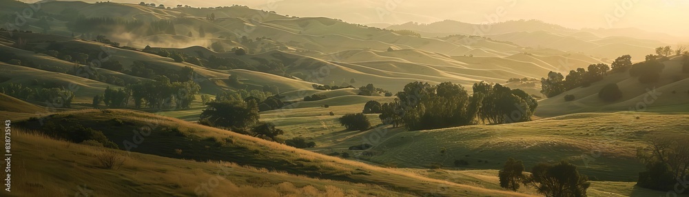 Capturing the golden hour in a serene landscape, with soft light casting long shadows over rolling hills, tranquil and warm atmosphere Capturing the golden hour in a serene landscape, with soft light casting long shadows over rolling hills, tranquil and warm atmosphere