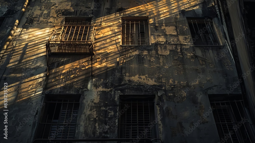 Dramatic light and shadow play on an old building facade, emphasizing textures and architectural details, high contrast and moody atmosphere Dramatic light and shadow play on an old building facade, emphasizing textures and architectural details, high contrast and moody atmosphere