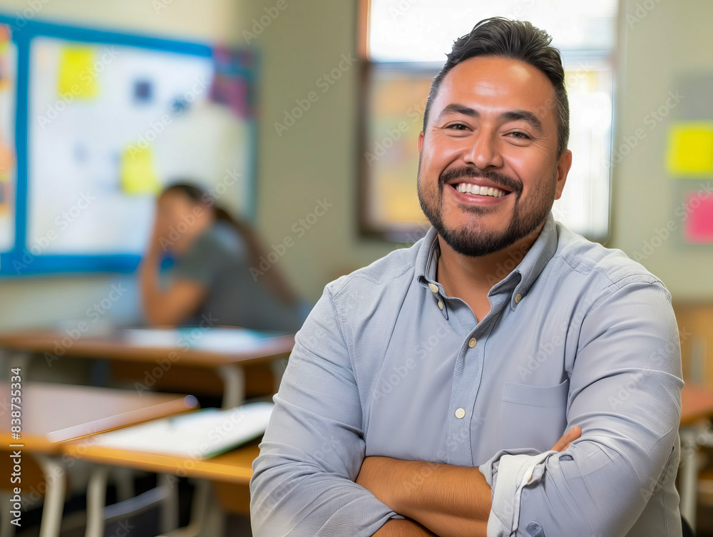 Obraz premium A smiling man standing in a classroom.