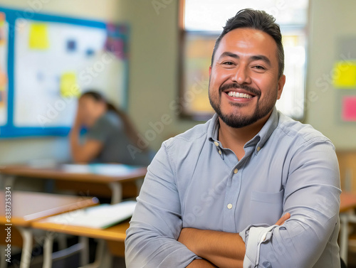 A smiling man standing in a classroom. © VISUAL BACKGROUND