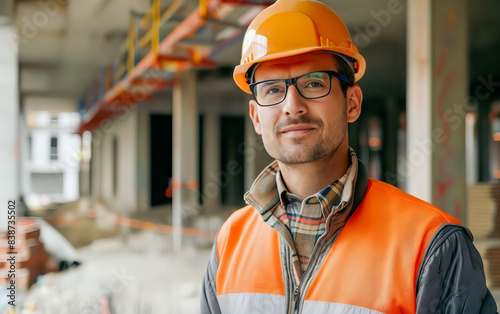 A man in glasses and hard hat standing in front of a construction site.