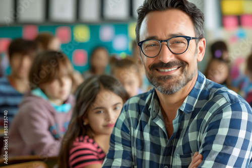 A smiling man in glasses in front of a classroom.