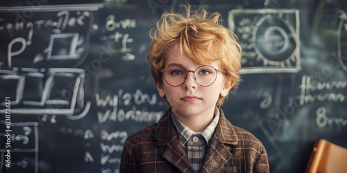 A boy in glasses standing in front of a blackboard.