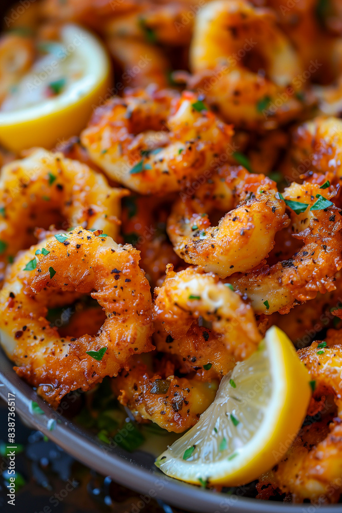 Calamari Fritti with lemon wedges, enjoyed by the seaside. Calamari Fritti with lemon wedges, enjoyed by the seaside.